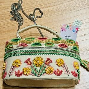 NWT Bohemian Embroidered Floral Cream train convertible Bag